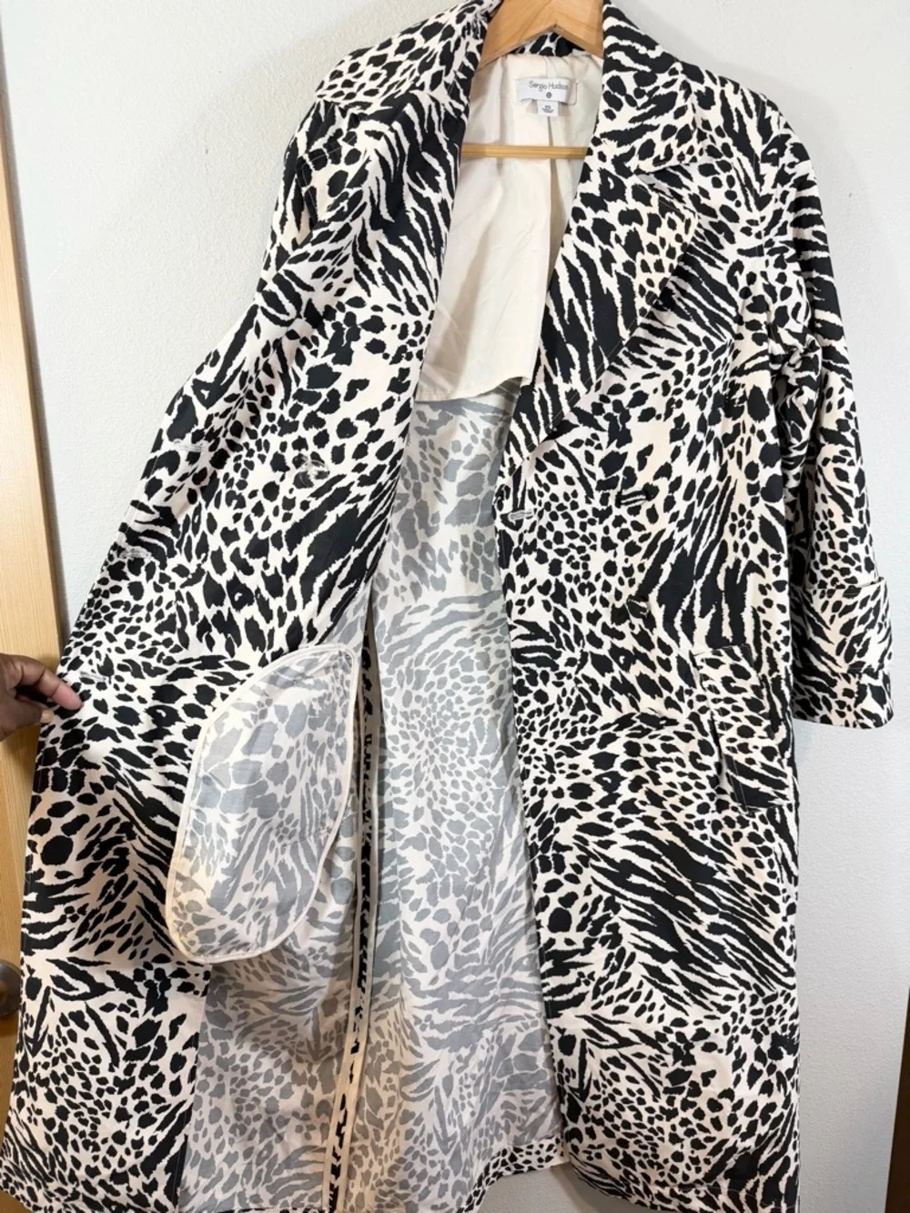 Sergio Hudson x Target Trench Coat XS Black White Animal Print Strong Shoulder - Picture 13 of 13
